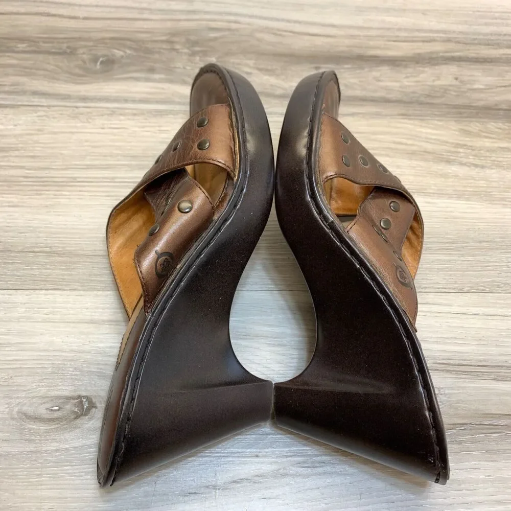 Born‎ Tupelo W5230 Brown Studded Wedge Heels Sandals Womens 8 EU 39 Criss Cross